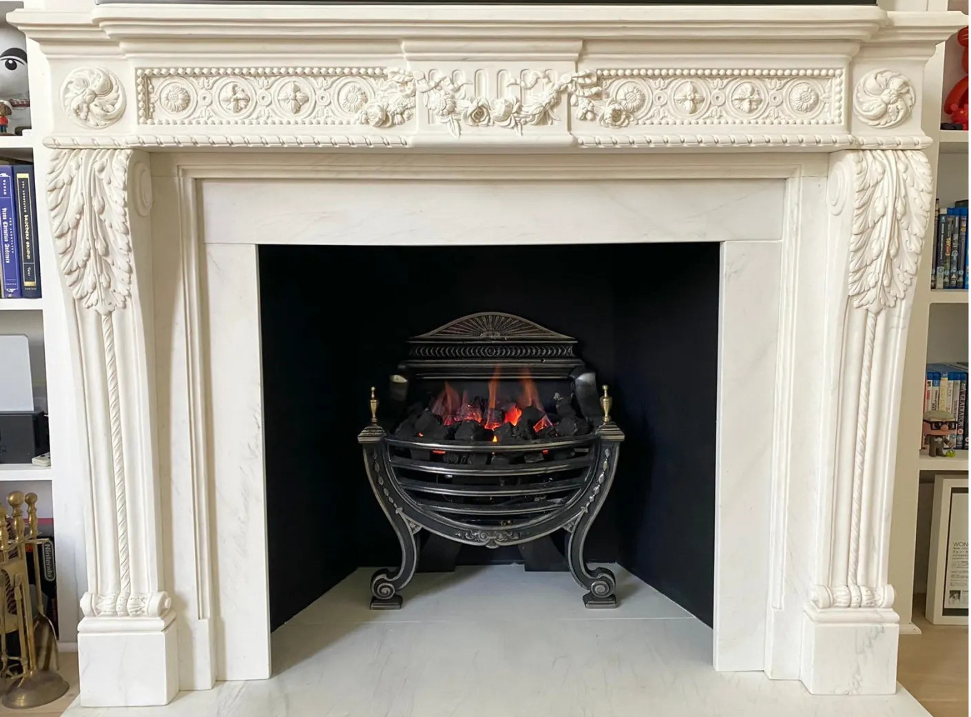 White marble mantel, basket, gas fire